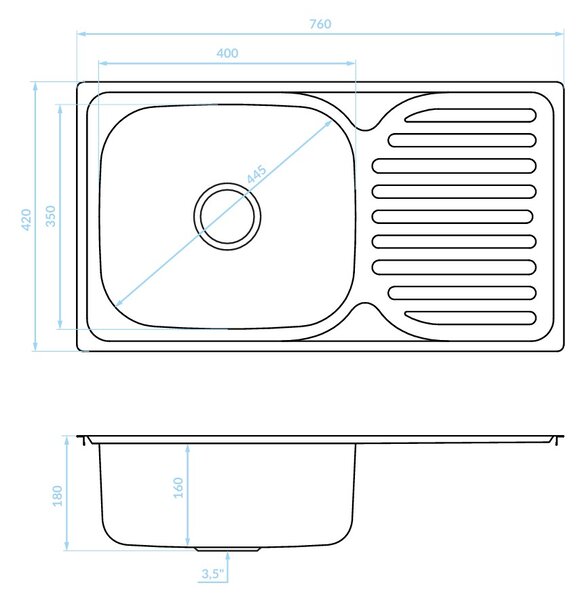 Kuchinox Orion, chiuvetă din oțel inoxidabil cu 1 compartiment 760x420x180 mm cu scurgător, decor neted, oțel, LAV-SKO_011T