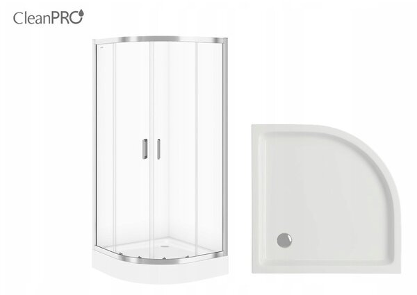 Cersanit Arteco, duș sfert de cerc 90x90x190 cm, sticlă transparentă 5mm, profil crom + cadă de duș Tako, S601-114