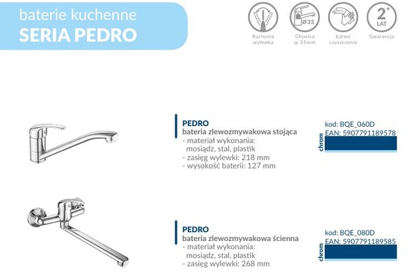 Kuchinox Pedro, baterie de cadă cu montare pe perete și set de duș manual, crom, LAV-BQE_011D