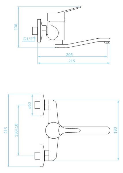 Kuchinox Tibi, baterie lavoar montată pe perete L-205, cromată, LAV-BQY_050D