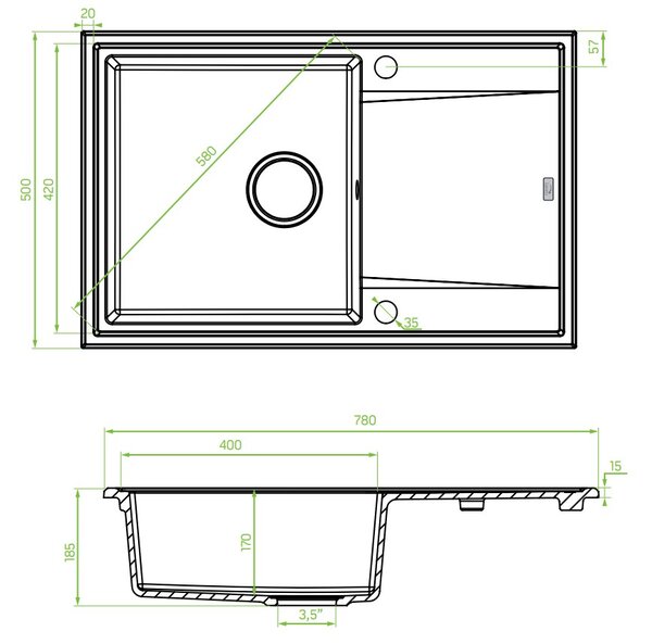 Laveo Megalo, chiuvetă granit cu 1 cameră 780x500x185 mm, gri, LAV-SBE_511T