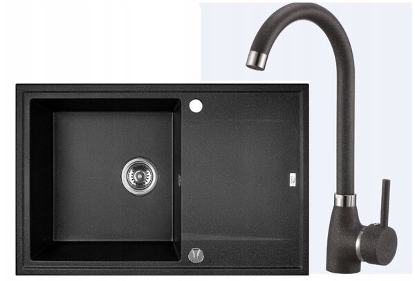 Laveo Megalo, chiuvetă de granit cu 1 camere 780x500x185 mm + chiuvetă robinet, negru, lav-sbea711t