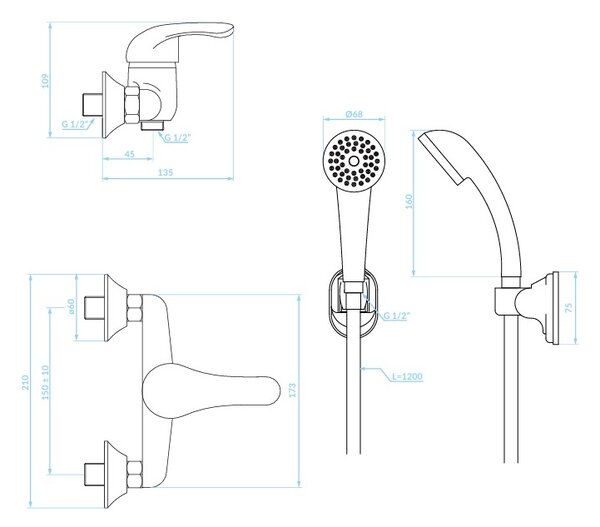 Kuchinox Oris, baterie duș de perete cu set de duș manual, crom, LAV-BQE_041D