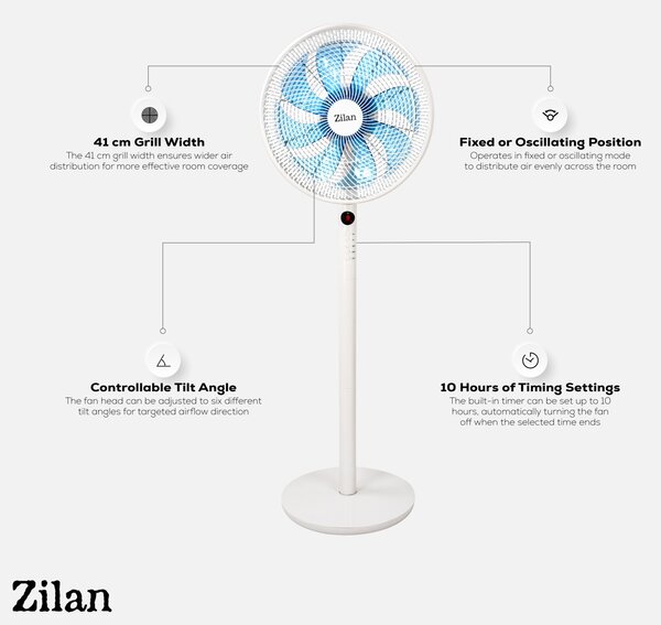 Ventilator cu picior ZILAN ZLN3765 - 60W, 9 viteze, telecomanda, 8 palete