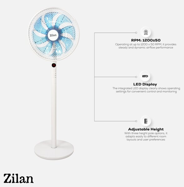 Ventilator cu picior ZILAN ZLN3765 - 60W, 9 viteze, telecomanda, 8 palete