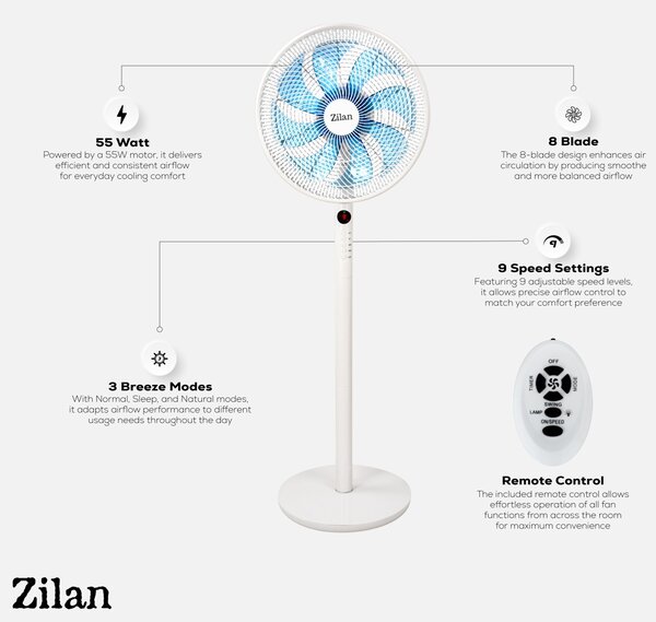 Ventilator cu picior ZILAN ZLN3765 - 60W, 9 viteze, telecomanda, 8 palete