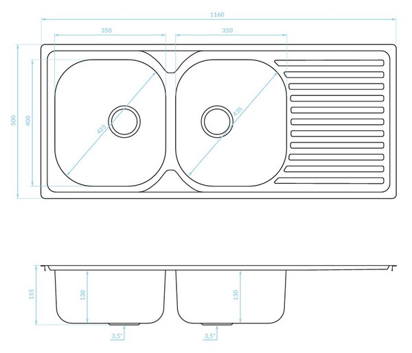 Kuchinox Orion, chiuvetă din oțel inoxidabil cu 2 compartimente și scurgător 1160x500x155 mm, decor neted, oțel, LAV-SKO_021T