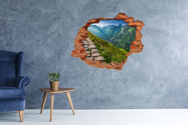 Fototapet 3D gaură în perete Peisaj montan în spatele găurii din perete
