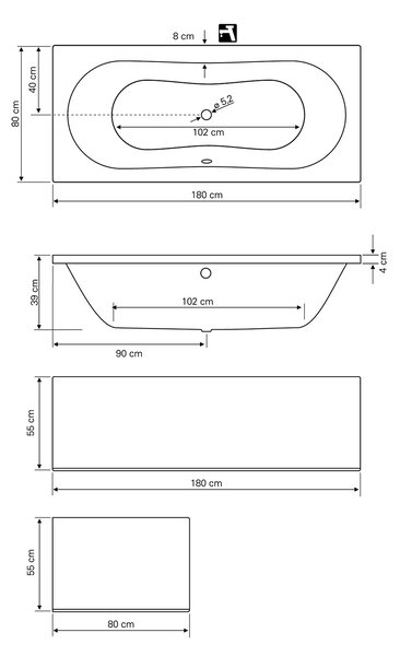 Aqualine Aqualine, cada JIZERA 180x80x39cm fara picioare, alb, G1880