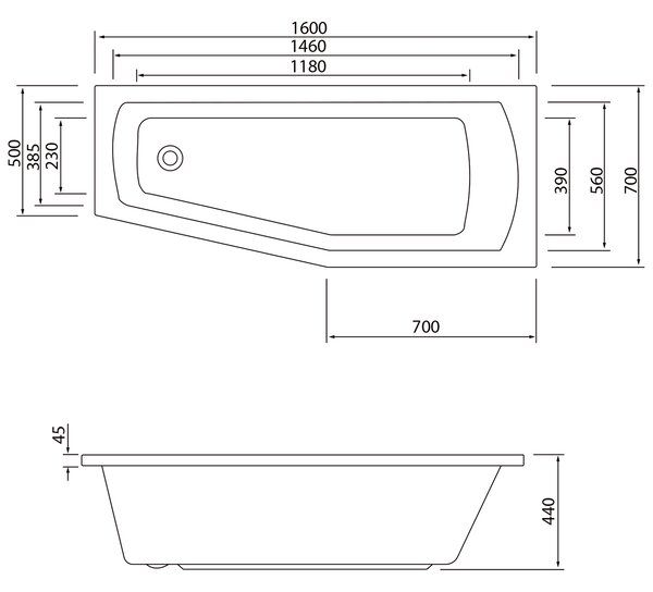 Aqualine Aqualine, cada OPAVA 160x70x44cm fara picioare, dreapta, alba, A1671