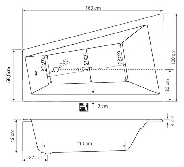 Aqualine Aqualine, cada METUJE 160x100x42cm, dreapta, fara picioare, alb, G2611