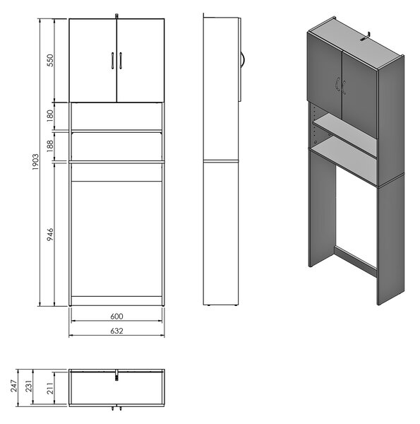 Aqualine Aqualine, dulap SIMPLEX ECO pentru masina de spalat rufe 63x25x190cm, alb, SIME715