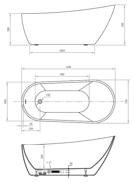 Aqualine Aqualine, cada TISA de sine stătătoare 150x75 cm, albă, E1575