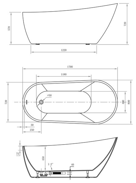 Aqualine Aqualine, cada TISA de sine stătătoare 170x80 cm, albă, E1780