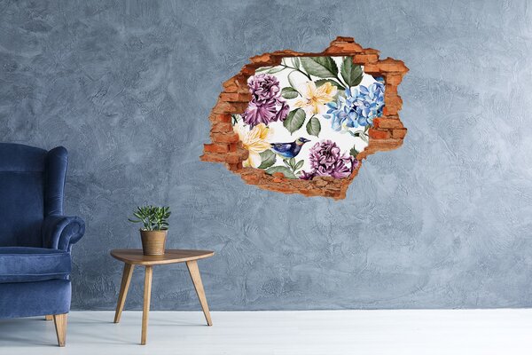 Fototapet 3D gaură în perete Paradisul florilor cu o pasăre
