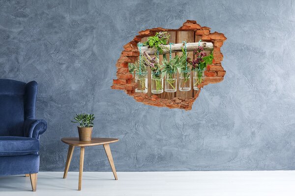 Fototapet un zid spart cu priveliște Grădină de plante aromatice în borcane