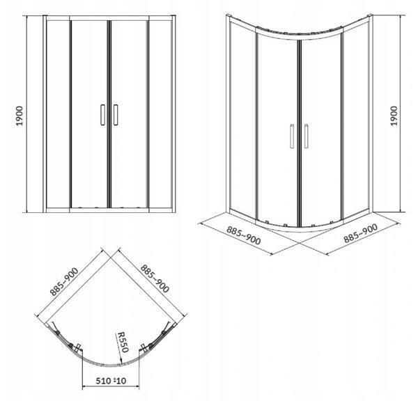 Cersanit Arteco, duș sfert de cerc cu uşă glisantă 90 (uşă) x 90 (uşă) x 190 cm, sticlă transparentă 5 mm, profil cromat, S157-002