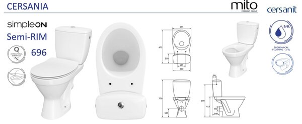 Cersanit Cersania SimpleOn 010 - WC combi 3/6l + Scaun subțire cu închidere lentă din duroplast, deșeuri orizontale, alb, K11-2338