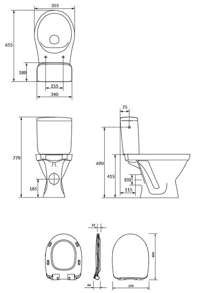 Cersanit Carsania II CleanOn WC combi + scaun cu cădere lentă, deșeuri spate, 3/6l, K11-2340
