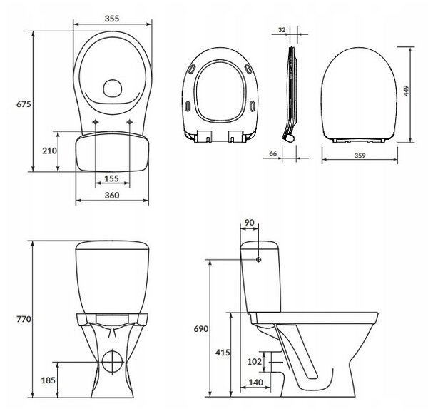 Cersanit Cersania SimpleOn 010 - WC combi 3/6l + Scaun subțire cu închidere lentă din duroplast, deșeuri orizontale, alb, K11-2338