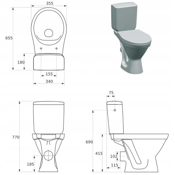 Cersanit Cersania SimpleOn 010 - WC combi 3/6l + scaun cu inchidere lenta din duroplast, deșeuri orizontale, alb, K11-2339
