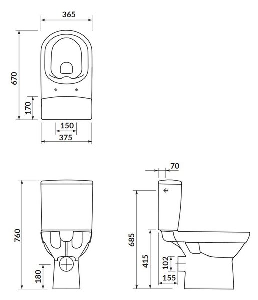 Cersanit CITY - WC combi + scaun antibacterian cu funcție de închidere lentă, deșeuri orizontale, alimentare cu apă din laterala rezervorului, K35-035