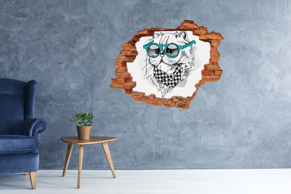 Autocolant de perete gaură 3D Pisică elegantă cu ochelari