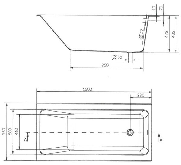 Cada Cersanit Crea Slim acrilic 150x75cm + picioare, alb, S301-233