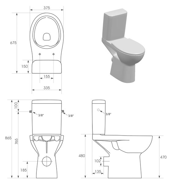 Cersanit Etiuda, vas combinat WC ridicat pentru persoane cu dizabilitati, CleanOn fara scaun, guler spate, K11-0221