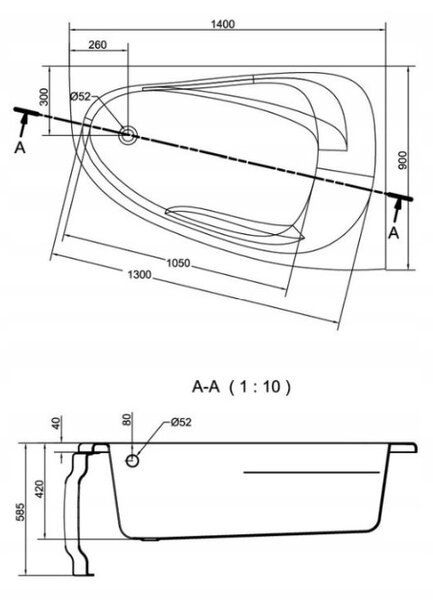 Cersanit Joanna Nou, cada colt dreapta 140x90cm, alb, S301-166