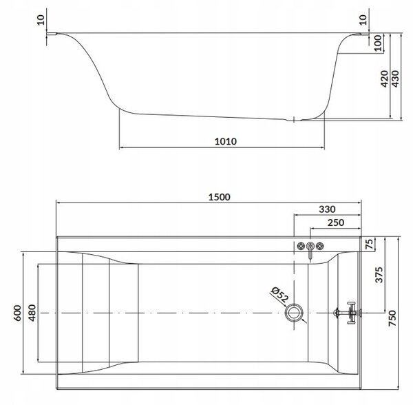 Cada Cersanit Larga acril 150x75cm + picioare, alb, S301-304