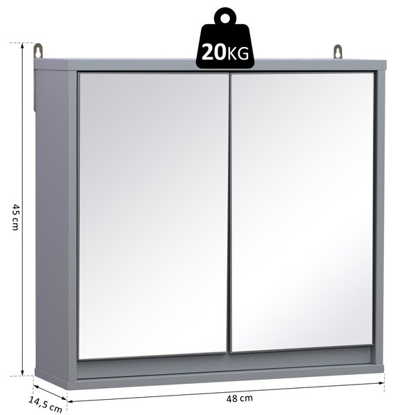 Dulapior de Baie de Perete cu Usa Dubla din Sticla cu Raft Reglabil, Gri,48x14.5x45cm HOMCOM | Aosom Romania