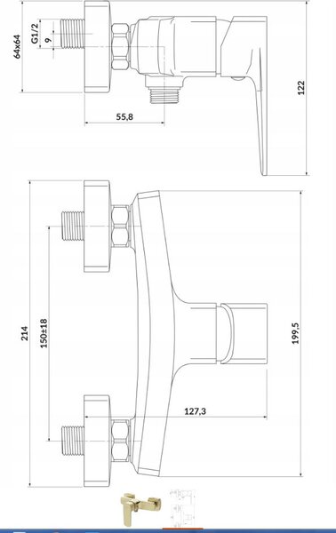 Cersanit Larga, baterie de dus de perete, auriu mat, S951-384