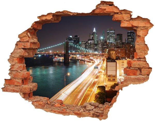 Fototapet 3D gaură în perete New York, pe timp de noapte