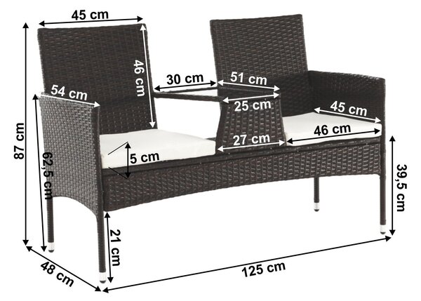 Bancă de gradina LALIT, ratan artificial/metal/sticla securizata, maro/crem, 125x48x87 cm