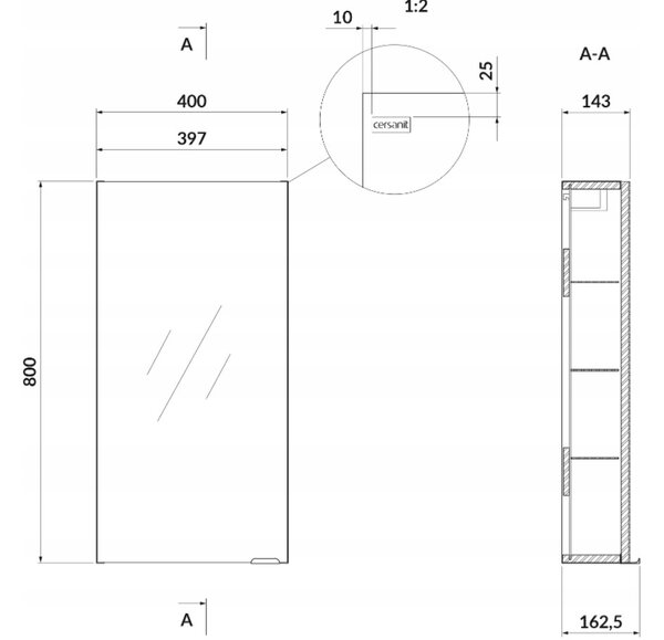 Cersanit Larga, dulap oglinda suspendat 80x40x16 cm, alb lucios, S932-014