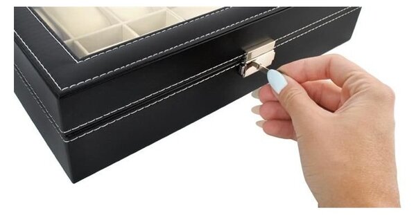 Caseta pentru ceasuri si bijuterii, 9 compartimente, inchidere cu cheie, design elegant