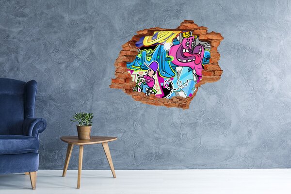 Fototapet un zid spart cu priveliște O pictură murală colorată cu figuri și graffiti