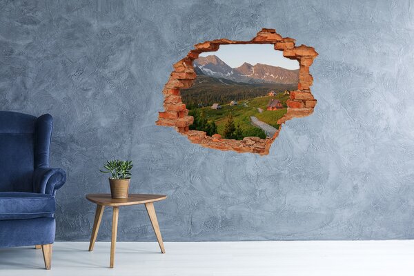 Fototapet 3D gaură în perete Vale de munte cu cabane