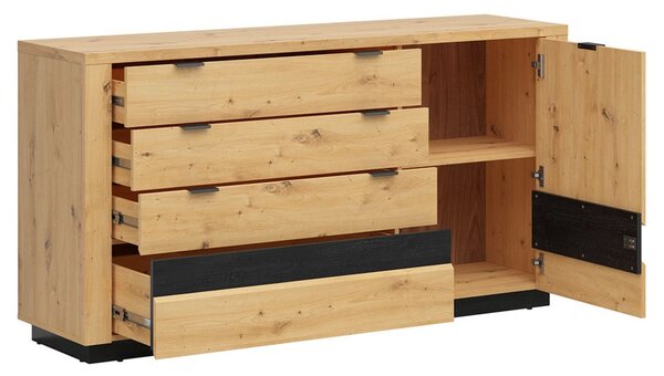 Comoda OSTIA, stejar artizanal/negru, PAL, cu iluminare LED, 161x42x85 cm