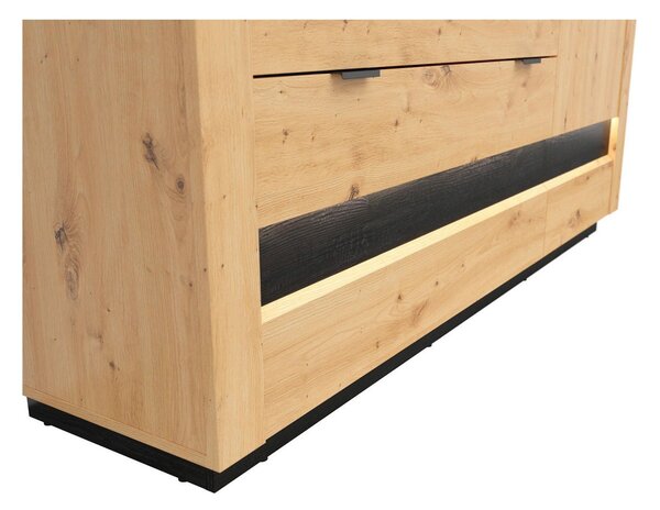 Comoda OSTIA, stejar artizanal/negru, PAL, cu iluminare LED, 161x42x85 cm