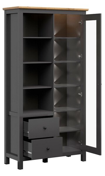 Vitrina HESEN, gri grafit/stejar artizanal, PAL, cu iluminare LED, 106x44x203 cm