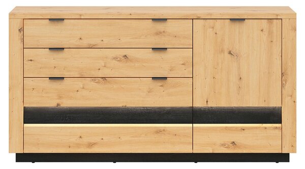 Comoda OSTIA, stejar artizanal/negru, PAL, cu iluminare LED, 161x42x85 cm