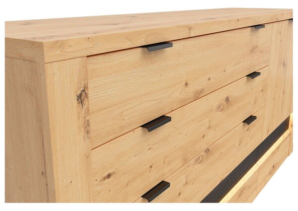 Comoda OSTIA, stejar artizanal/negru, PAL, cu iluminare LED, 161x42x85 cm
