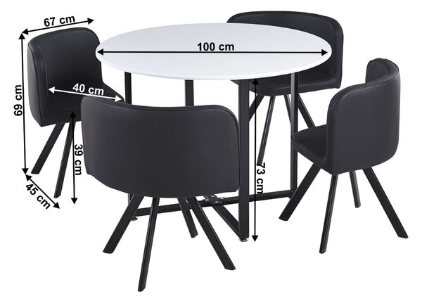 Set masa cu 4 scaune BEVAN NEW, piele ecologica/metal, negru/alb