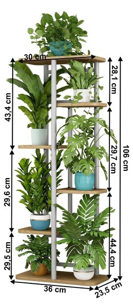 Suport de flori LEDOR TIP 2, stejar sonoma/alb, metal/DTD, 36x23.5x106 cm