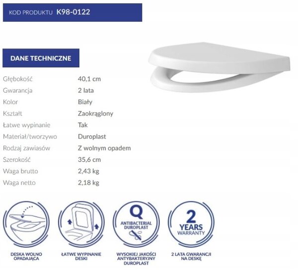 Cersanit Parva, scaun toaleta antibacterian din duroplast cu impact lent, alb, K98-0122