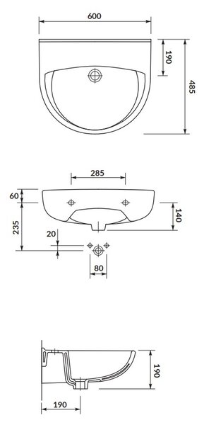Cersanit President, lavoar montat pe perete fara orificiu pentru robinet 60x48 cm, alb, K08-009