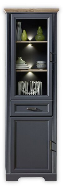 Vitrina JASMIN, gri grafit/stejar artisan, PAL/sticla, cu iluminare LED, 66x42x204 cm