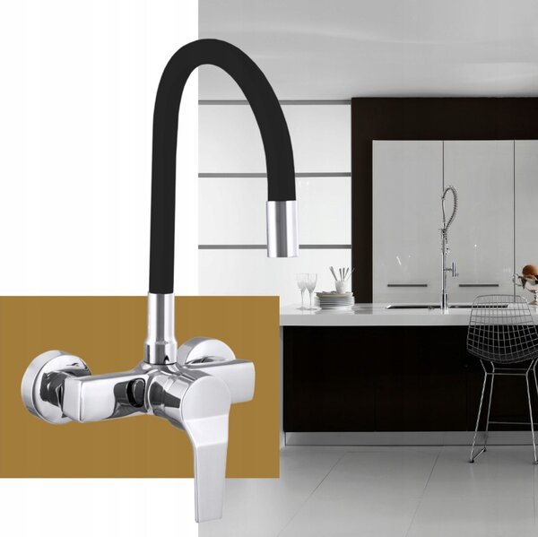Gamma Flex, baterie pentru chiuvetă montată pe perete cu braț elastic, negru-crom, GMA-BFXS-BK